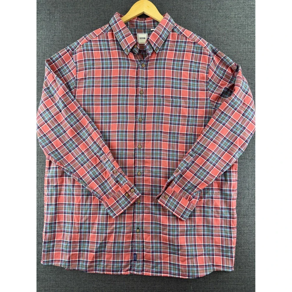 ROWM Mens 2XT Plaid Button Down Shirt Red Blue Cotton Long Sleeve Tall